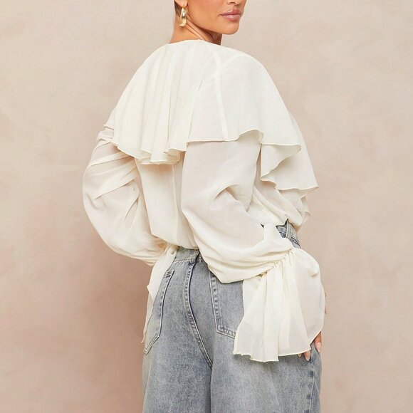 cream toned Casual Women's Boho Ruffled V-Neck Blouse top - Picture 3 of 8